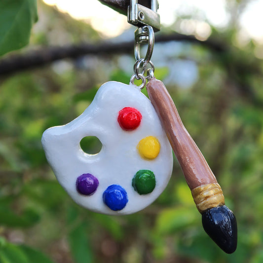 Paintbrush and Palette Bag Charm/Keychain - Hand Sculpted & Painted