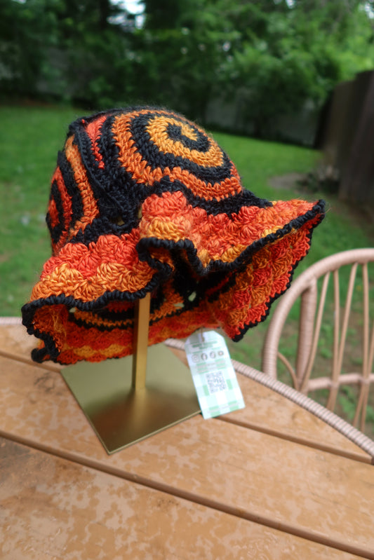 Black and Orange Spiral Crochet Bucket Hat