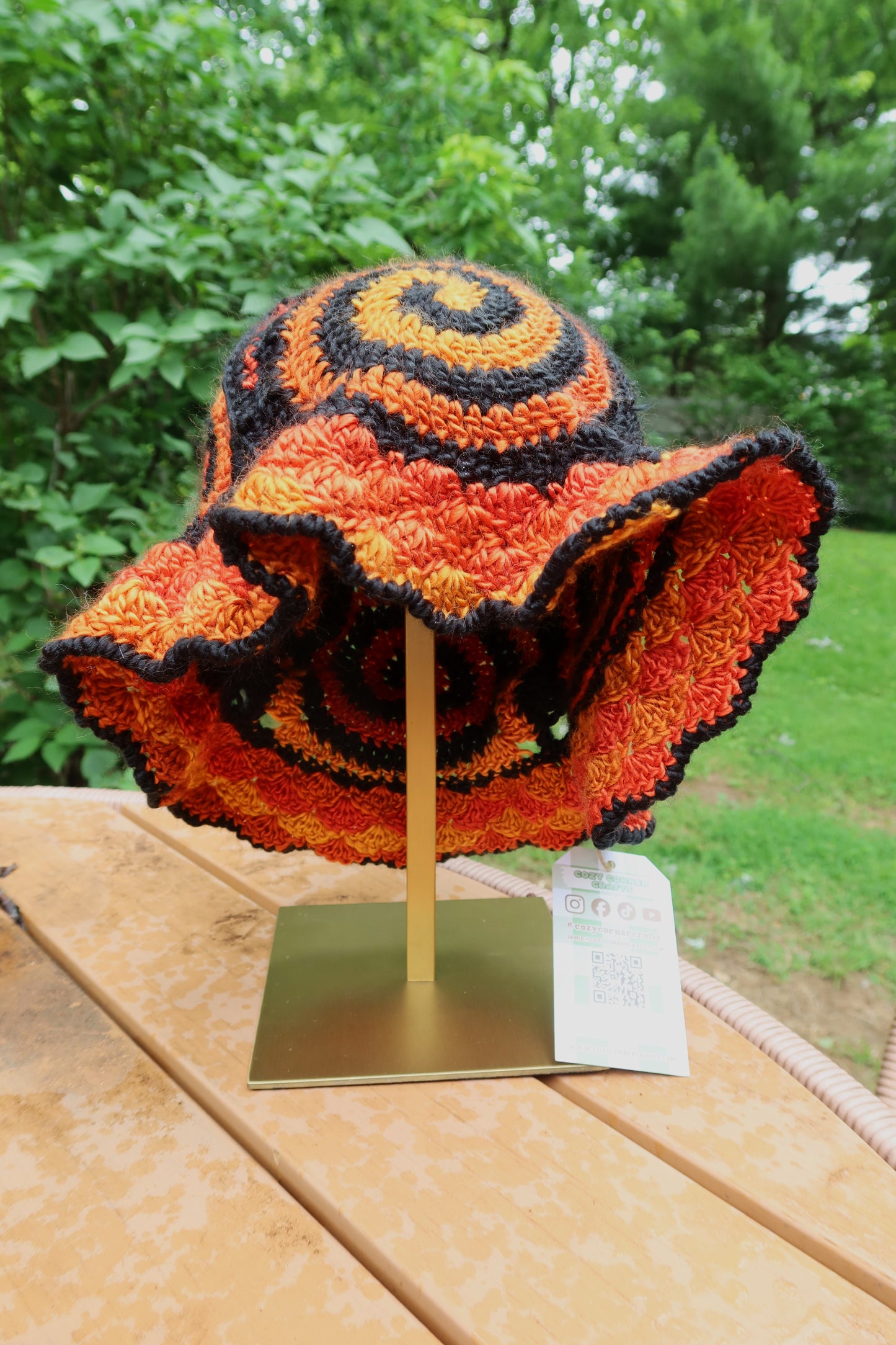 Black and Orange Spiral Crochet Bucket Hat